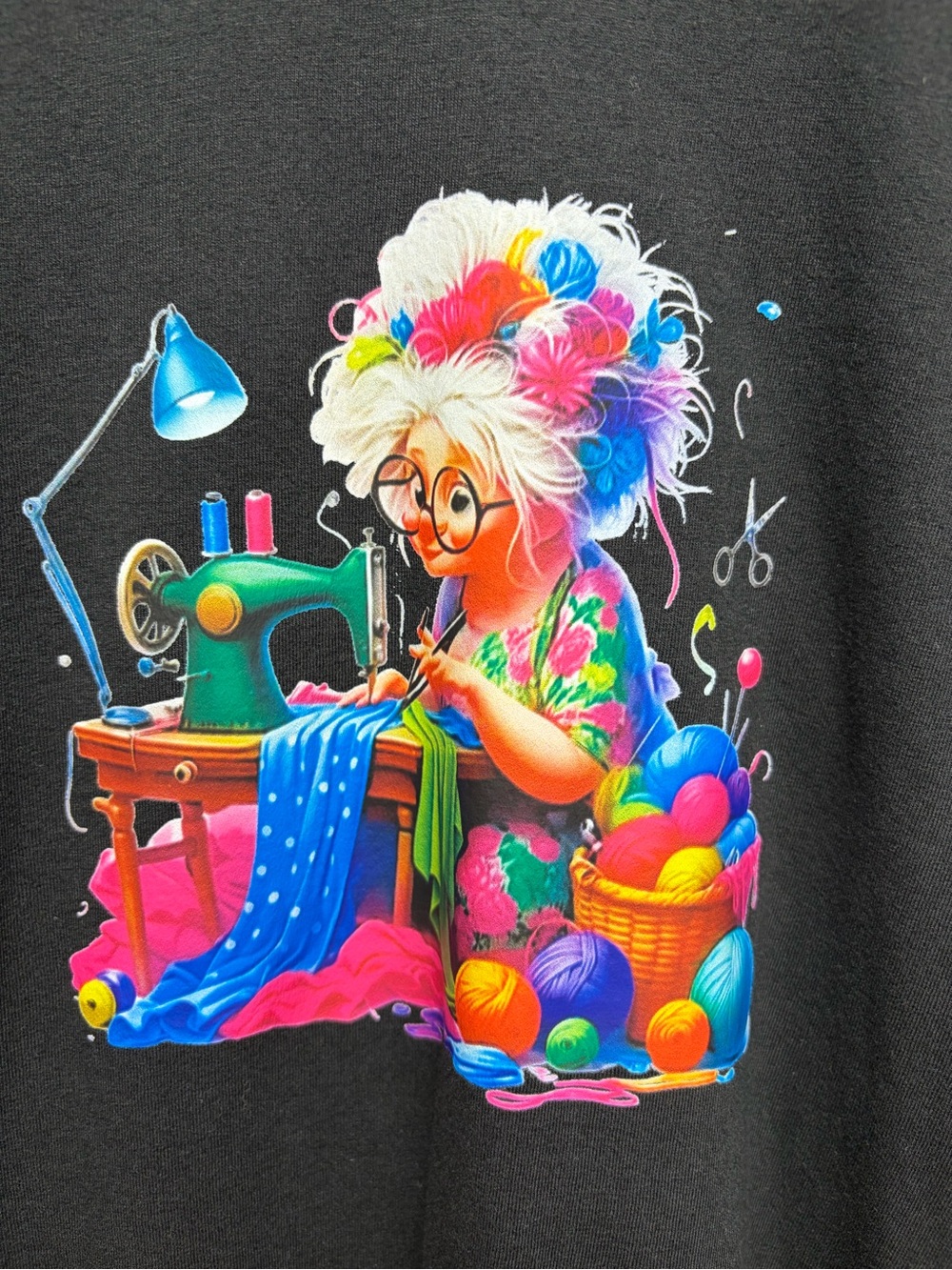 Just My Size Black Tee with Colorful Sewing Granny Graphic 2x long sleeve